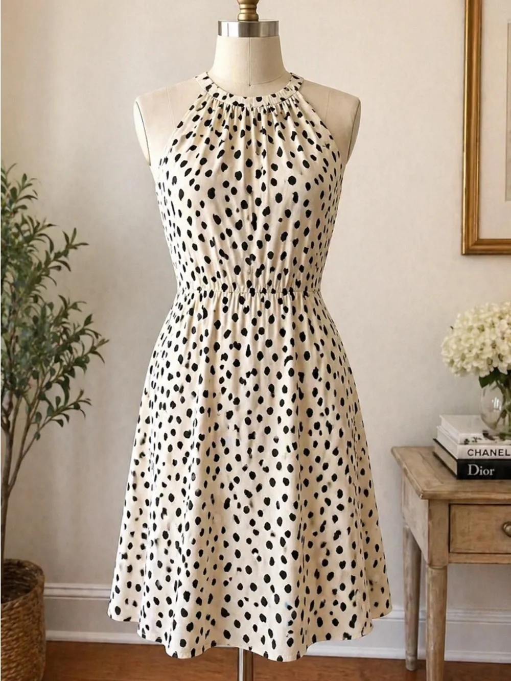 kate spade Cream and Black Polka Dot Halter Midi Dress XSMALL